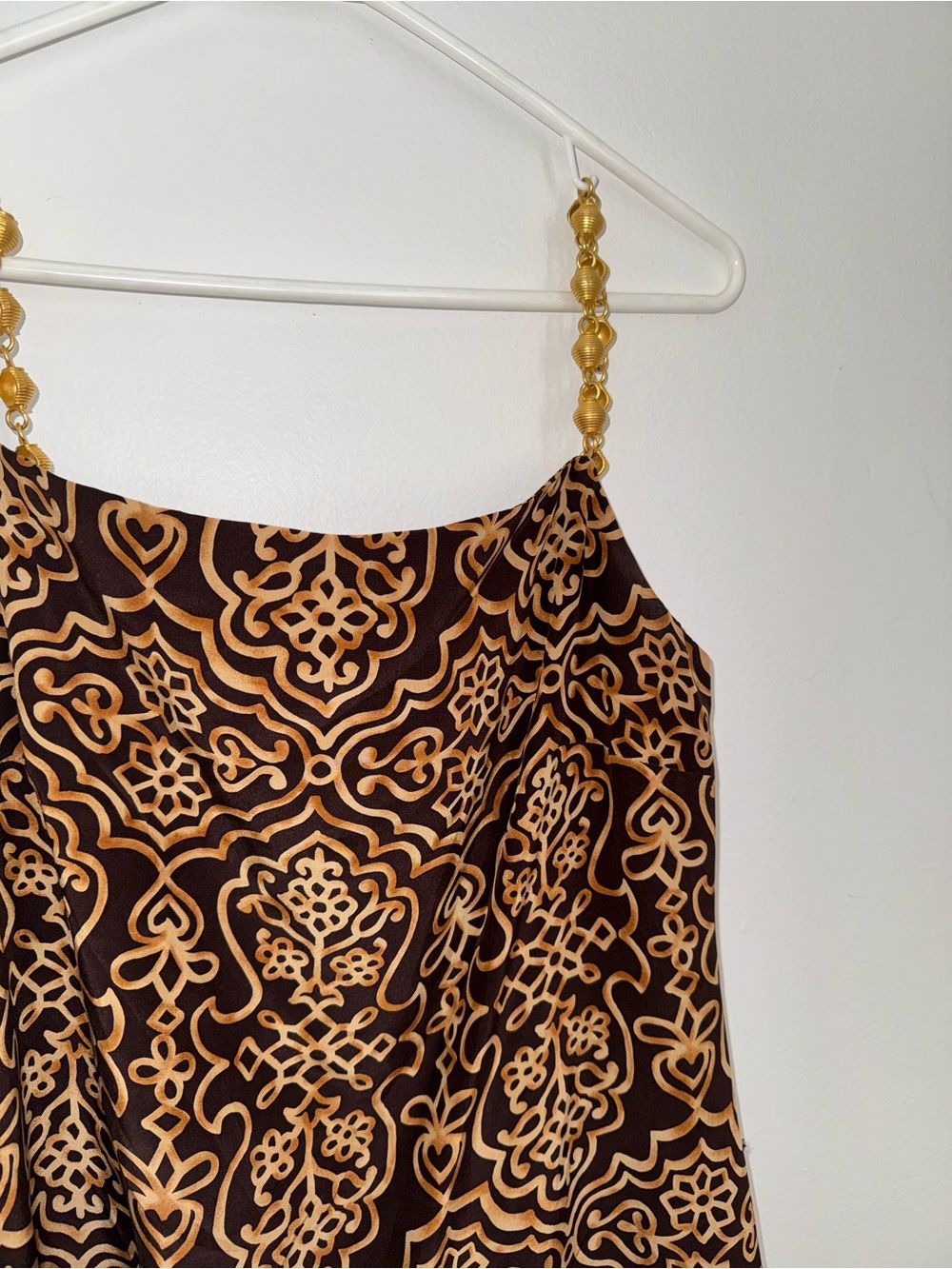 Gillian Geometric Slip Dress Silk Satin Chain Straps Brown/Gold Size 10
